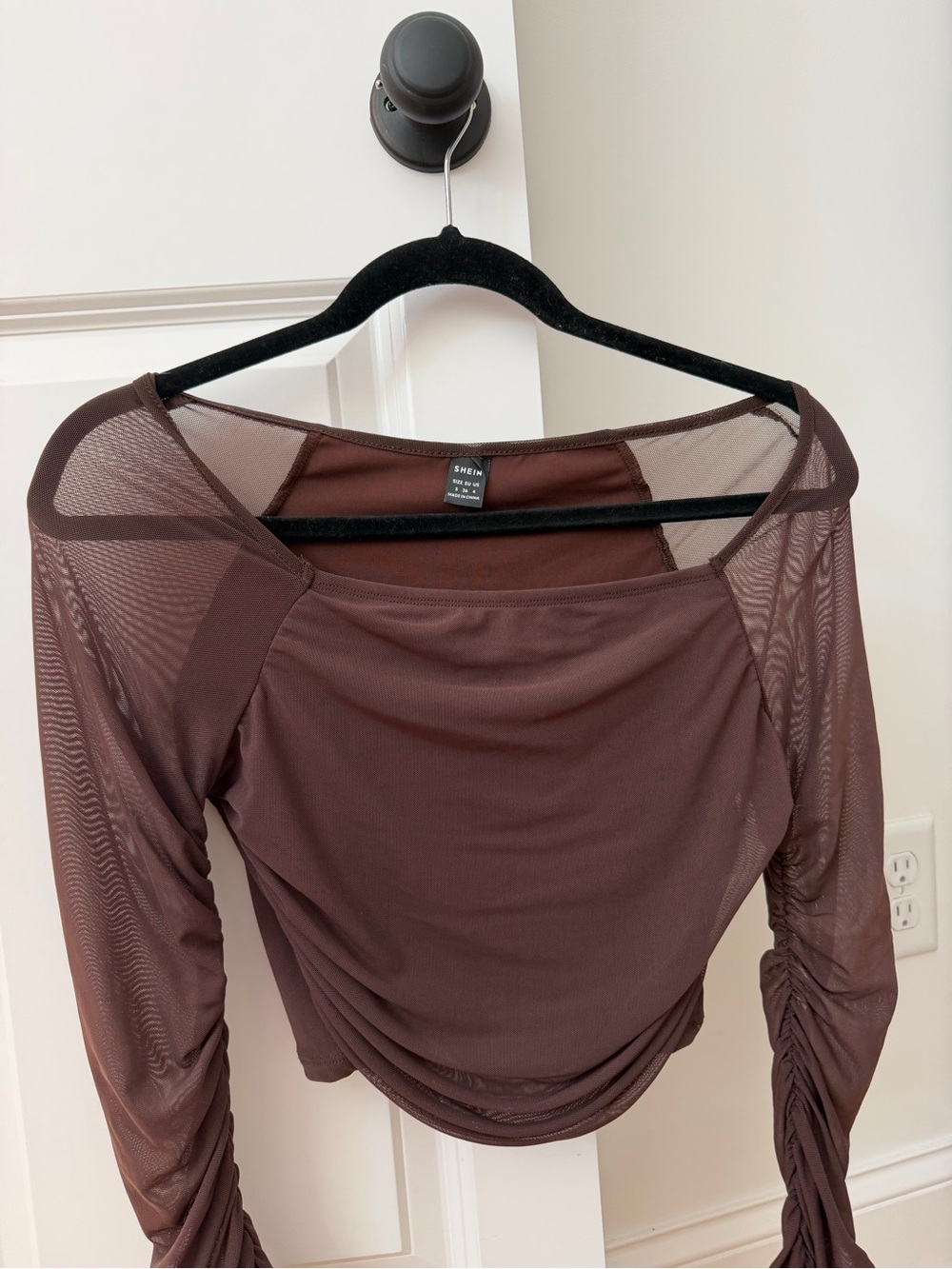 SHEIN Chocolate Brown Mesh Ruched Long Sleeve Crop Top